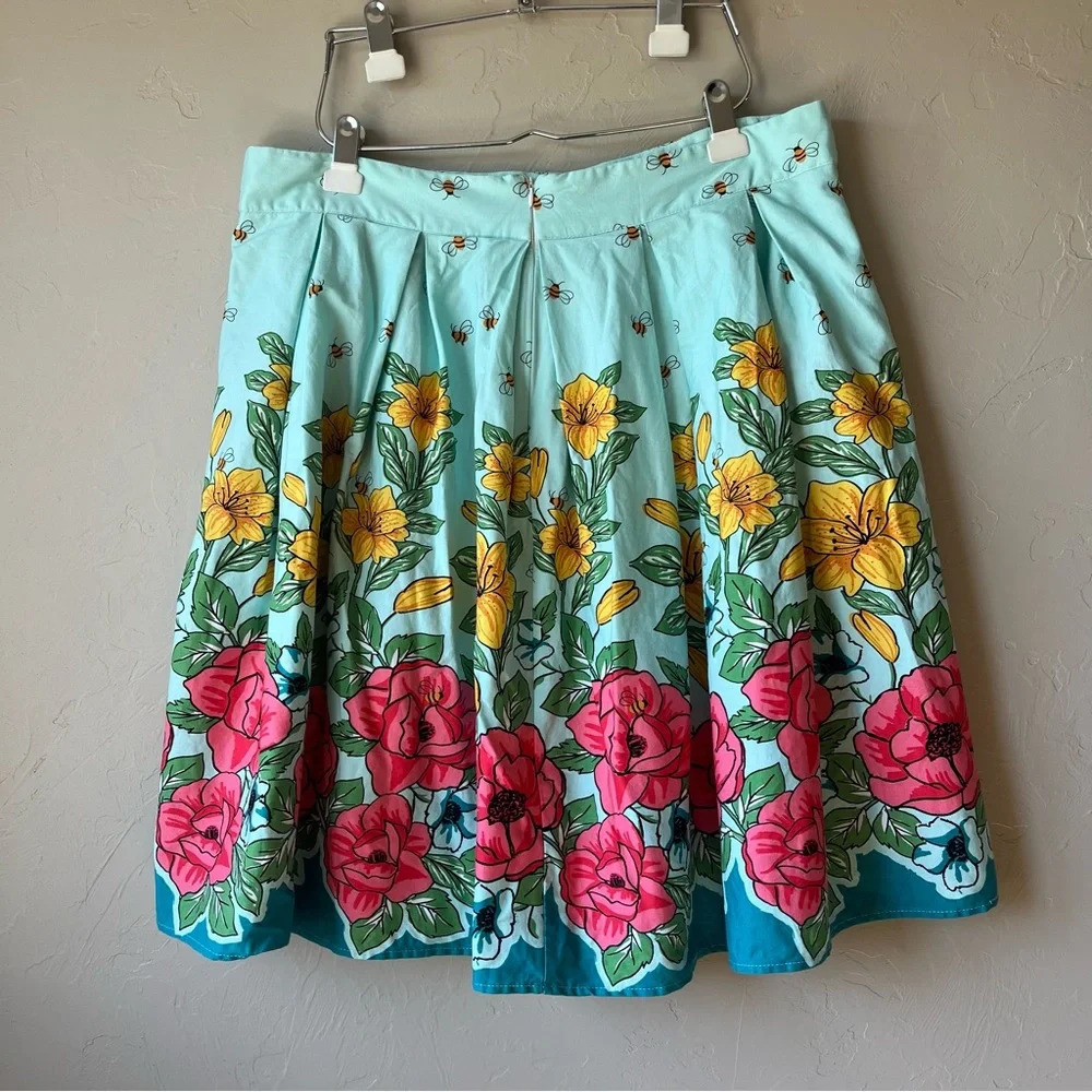 Floral bee full a line pleated flowers skirt pockets teacher summer ms frizz xl - Picture 4 of 5